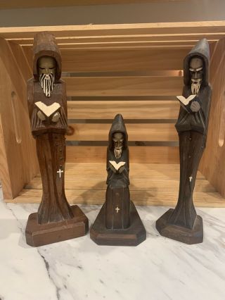 Vintage Hand Carved Wooden Monk,  Priest From Mexico Set Of 3