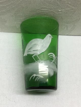 Antique Mary Gregory Green Glass Tumbler - Hand Painted White Enamel Bird - 3.  5”