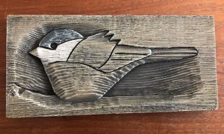Vintage 85 Folk Art Wood Carved Wall Plaque Chickadee Bird Artist Signed