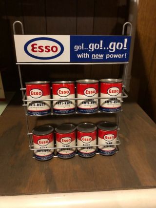 Vintage 50’s Era Esso Fuel Additive Metal Display Rack With Cans Nm
