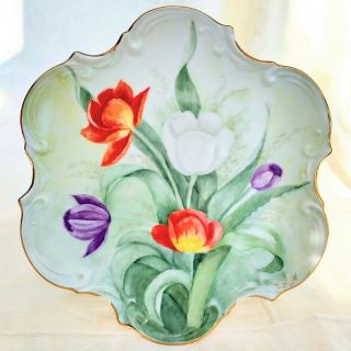 Vintage Hand Painted Decorative Plate Artist Signed M Wright Tulips Scalloped