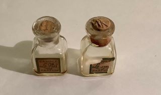 (2) Antique Mini Perfume Bottles Pair Cork Stoppers Salesman Samples Old & Tiny