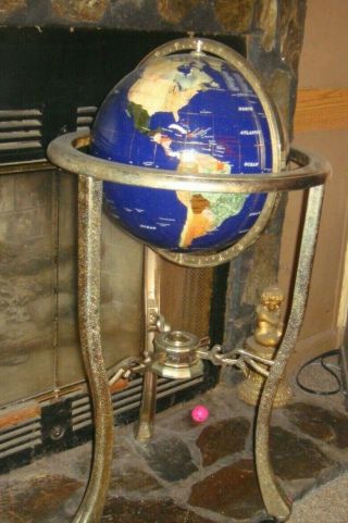Vintage 14 " Globe Of Semi - Precious Stones.  Brass Floor Stand 35 " Tall Rare