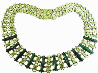 Rare Antique Vintage Chinese Gilt Silver Malachite Green Enamel Collar Necklace