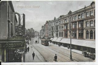 Rare Vintage Postcard,  Tram,  Queen Street,  Cardiff,  1907