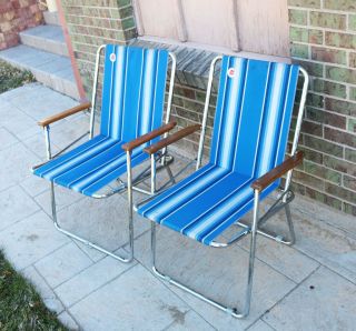 2 Vintage Zip Dee Blue Stripe Folding Rv Camping Lawn Chairs One Extra Wide Usa