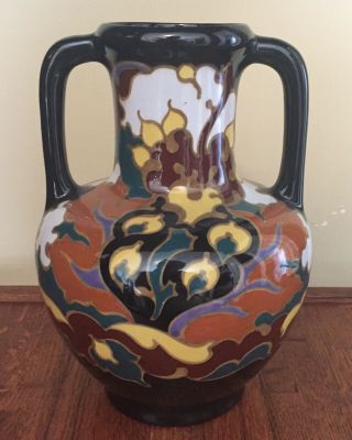 Vintage Regina Gouda 10 " Tall 2 - Handled Vase - Floral Motif - Glossy Finish