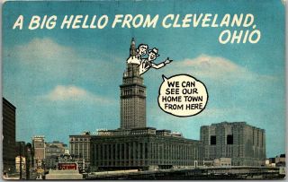 Vintage Ohio Postcard " A Big Hello " W/ Hotel Cleveland & Terminal Tower View