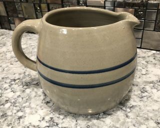 Vintage Painted Stoneware Pitcher Pottery Crock With Blue Stripes,  Strawberries 2