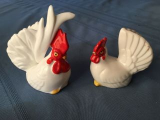 Vintage White Chickens,  Rooster & Hen,  Salt And Pepper Shakers (4 " Tall)