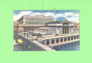 Zz Postcard Union Railroad Station Chicago Illinois Bua & Old Car Vintage Card