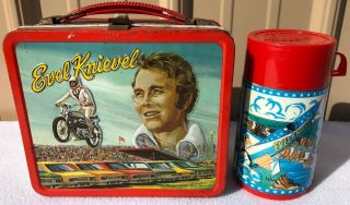 Vintage Evel Knievel Embossed Metal Lunchbox And Thermos