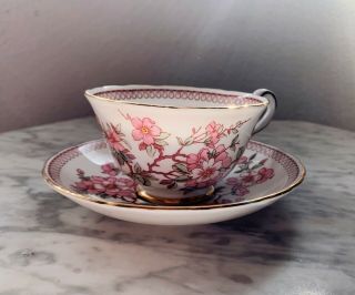 Royal Chelsea Teacup And Saucer - White With Pink Cherry Blossoms - England