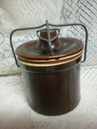 Vintage Brown Glaze Cheese & Butter Crock Jar W/ Locking Wire Bail Lid
