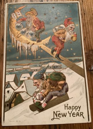 Vintage Happy Year Postcard Gnomes Elf On Sled Crescent Moon With Face 1909