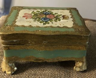 Vintage Italian Florentine Carved Wood Footed Box Gold Gilt Painted Flowers