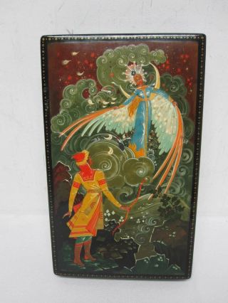 Vintage Russian Large Lacquer Box Palekh Hand Painted Winged Angel