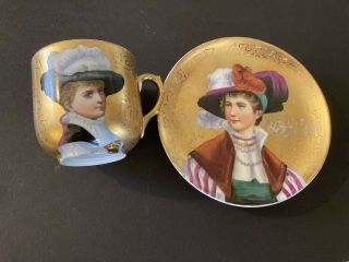 Antique Vintage Hand Painted Victorian Gold Portrait Teacup & Saucer