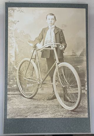 Antique Victorian Cdv Cabinet Photo Young Boy With Scarf And Bicycle Bike