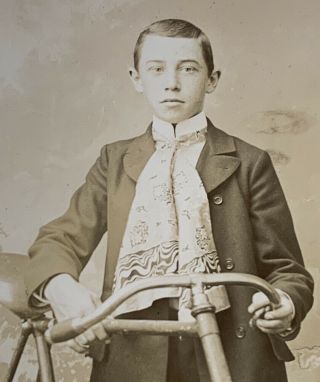 Antique Victorian CDV Cabinet Photo Young Boy With Scarf And Bicycle Bike 2
