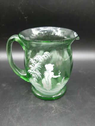 Antique Victorian Hand Blown Mary Gregory Green 7 " Pitcher