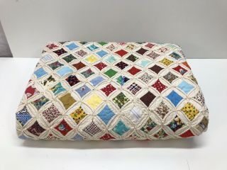 Handmade Vintage 1940s Multicolor Cathedral Window Quilt 78x66