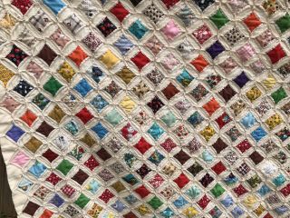 Handmade Vintage 1940s Multicolor Cathedral Window Quilt 78x66 2