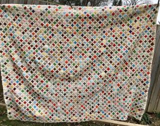 Handmade Vintage 1940s Multicolor Cathedral Window Quilt 78x66 3