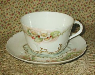 Antique Coiffe Limoges France Floral Tea Cup & Saucer 7 Pt Star Mark 1871 - 1914