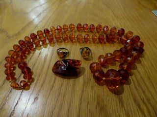 Antique Vintage Honey Amber Necklace 97gm & Brooch & 2 Solid Silver Amber Rings