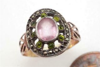 Antique 9k Gold Silver Pink & Green Paste Marcasite Ring C1800 