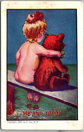 Vintage Artist - Signed " M.  D.  S.  " Postcard Girl W/ Teddy Bear " Me And Teddy " C1910