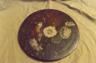 Antique Victorian 19th C Redware Crock 10 " Lid Hand Painted Flowers Mums
