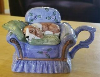 Mini Ceramic Tea Pot With Adorable Dog On Cushion