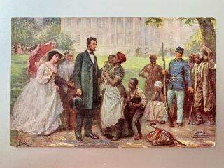 Vintage Patriotic Historical Event Postcard Abraham Lincoln And The Contrabands