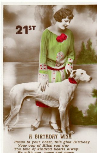 Vintage 21st Birthday Greeting Postcard: Lady With Saluki Dog