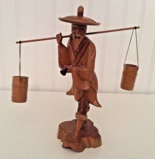 Vintage Hand Carved Wooden Statue Old Chinese Man Carrying Water Buckets & Pipe
