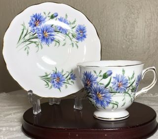 Vintage Royal Vale Bone China Teacup & Saucer Blue Cornflower Bouquet