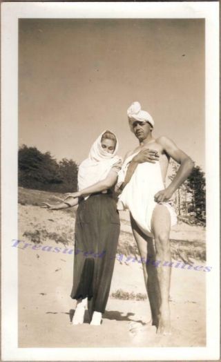 1930s Young Woman & Man Beach Harem Belly Dancer Genie Body Wrap Costume Photo