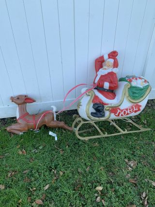 Vintage Empire Blow Mold Santa Sleigh & Reindeer With Reigns And Lights