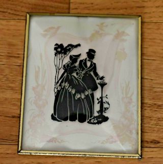 Vintage Silhouette Picture Victorian Couple Curved Glass Reverse Painted 5 " X4 "