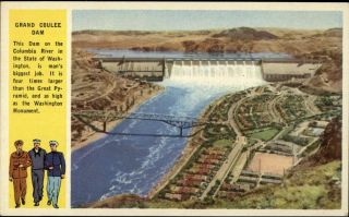 Grand Coulee Dam Columbia River Washington Wwii Soldiers Vintage Postcard