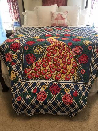 Large Vintage Chenille Bedspread Double Peacock Green White