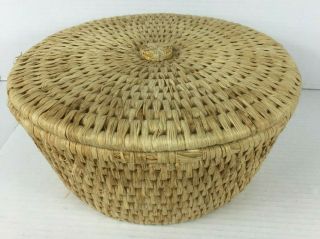 Vintage Large Lidded Woven Straw Grass Sewing Basket 11 "
