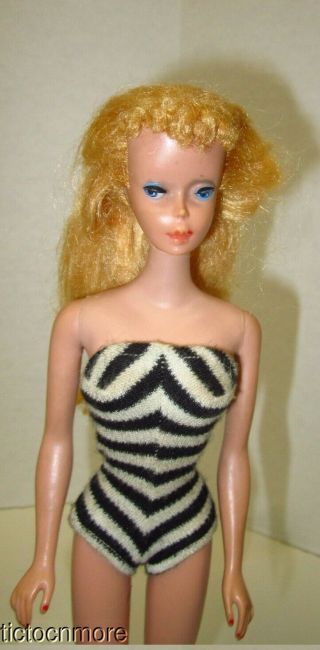 Vintage Barbie Ponytail Doll Blonde Soft Bangs 850 Tm Body W/ Zebra Suit