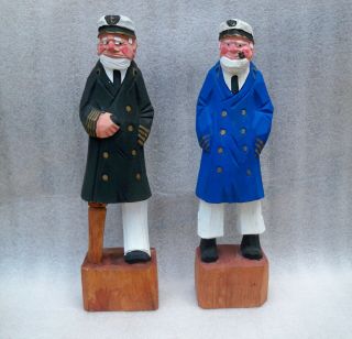 Vintage 2 Hand - Carved Wood Sea Captains With Pipes Nautical Figures 12 "