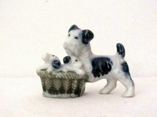 Cobalt Blue & White Porcelain Scotty Dog With Puppies In Basket Figurine Japan