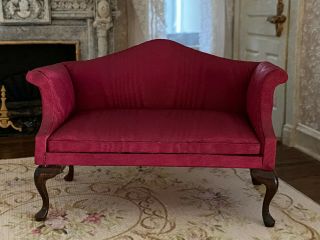 Vintage Miniature Dollhouse 1:12 Early Bespaq Silk Moire Wine Red Curved Sofa