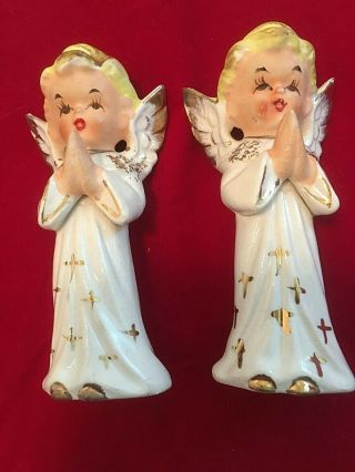 2 Vintage Porcelain Christmas Praying Angels White With Gold Trim Japan 5 " Tall