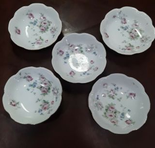 Antique China 5 Pc Berry Bowl Set Roses Scalloped Edge Gold Trim Germany